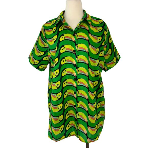 FARM Rio Tucabacana Oversized Button Down Shirt Top Parrot Green Yellow L NWT - Picture 1 of 13